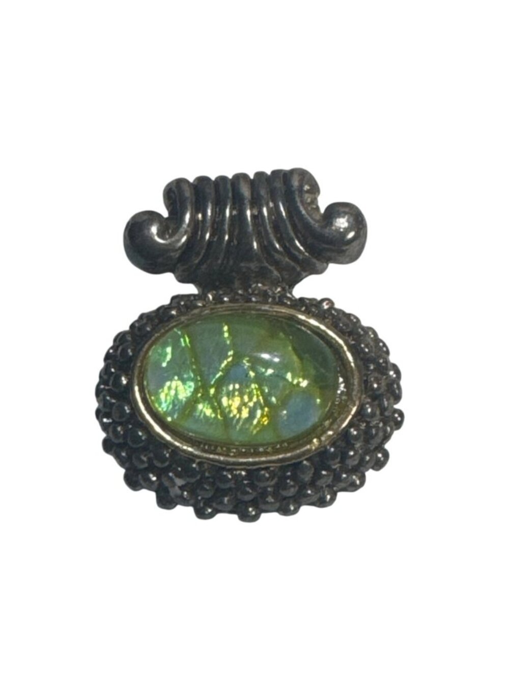 Sterling Silver Pendant With Green Iridescent Gemstone Accent 1 Inch Pre-Owned